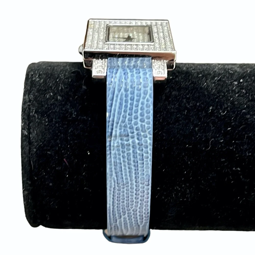 ADRIENNE LIMITED PAVE CRYSTAL ART DECO WATCH W BLUE LEATHER LIZARD PRINT BAND